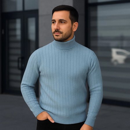 Modi Green Erkek Balıkcı Yaka Bağazlı Triko Kazak Pamuklu Kalın Fitilli Dokuma, Regular Fit Uzun Kollu Kışlık Model - Bebe Mav