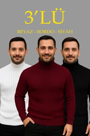 Modi Green Erkek Fitilli Triko Kazak 3lÜ Set Beyaz Bordo Siyah Regular Balıkcı Yaka Tam Boğazlı Triko Seti Modeli Kazak