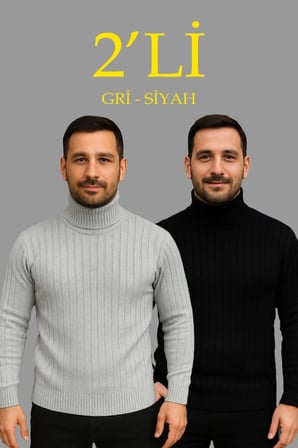Modi Green Erkek Fitilli Triko Kazak 2li Set Gri Siyah Regular Balıkcı Yaka Tam Boğazlı Triko Seti Modeli Kazak