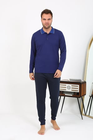 Modi Erkek Polo Yaka Uzun Kol Penye Pijama Takımı Gri 6865
