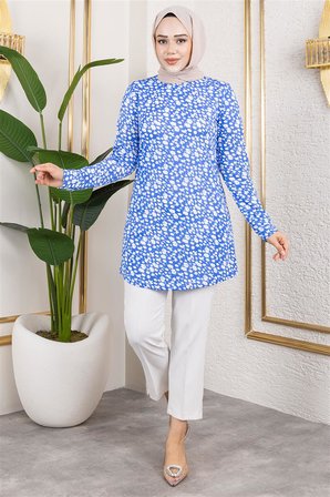 Modi Desenli Tesettür Tunik SAKS MAVİSİ