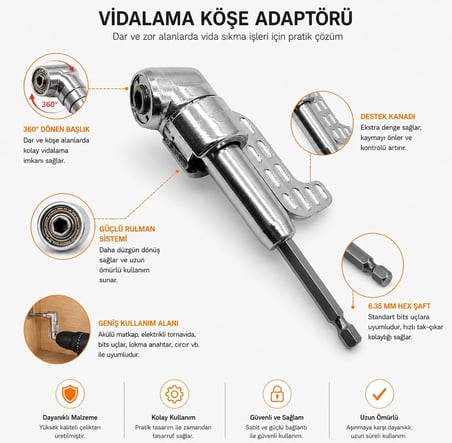 Orret Home 90 Derece Vidalama Köşe Adaptörü 360° Döner Başlıklı Matkap Aparatı Dar Alan Vida Sıkma Ucu 6.35mm Hex Şaft Profesyonel Açılı Adaptör