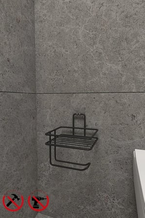Yapışkanlı Raflı Tuvalet Kağıtlığı - Mat Siyah Metal, Paslanmaya Dayanıklı Deliksiz Banyo Düzenleyici Raf ve WC Kağıtlık Askısı