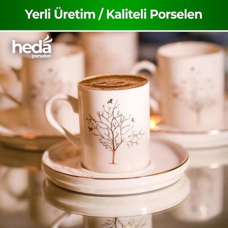 Heda Porselen Hayat Ağacı 4 Parça 2 Kişilik Porselen Kahve Fincan Takımı 100 ml – Şık Desenli Türk Kahvesi Seti