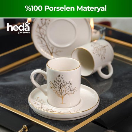 Heda Porselen Hayat Ağacı 4 Parça 2 Kişilik Porselen Kahve Fincan Takımı 100 ml – Şık Desenli Türk Kahvesi Seti