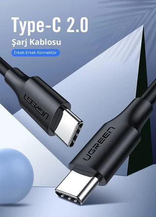 2.0 A TYPE-C &amp; TYPE-C Data ve Şarj Kablosu, 1.5 Metre, Siyah