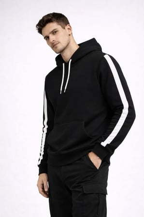 Modi Green Erkek Şeritli Kapüşonlu Sweatshirt Oversize 3 Iplik Pamuklu - Siyah