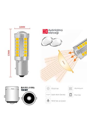 P21w 1156 Ba15s Beyaz Tek Duy Stop Sinyal Geri Vites Ampülü 33 Led Mercekli