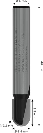2608628460-000 2608628460 Oyuk Freze 6 mm R1 3.2 mm D 6.35 mm U 9,1 mm G 40 mm