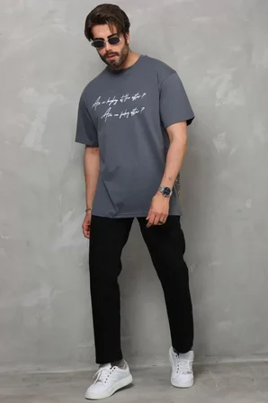 Modi Green Unisex Bisiklet Yaka Baskılı Oversize T-Shirt - Füme