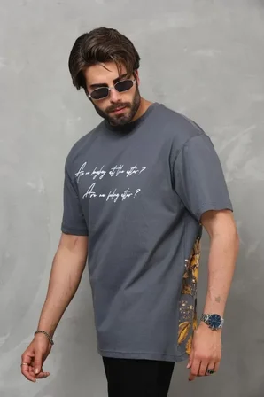 Modi Green Unisex Bisiklet Yaka Baskılı Oversize T-Shirt - Füme