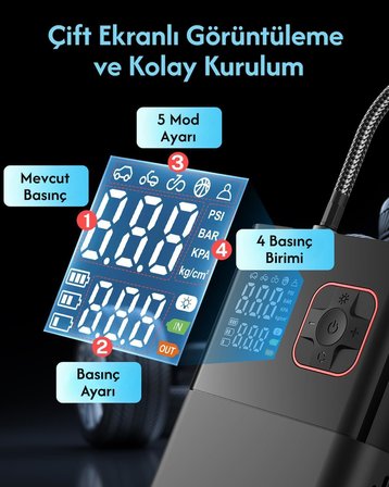 6000mAh Led Işıklı Çantalı Powerbank Özellikli Şarjlı Ve Kablolu DC12V Araç Motor Bisiklet Top Lastik Şişirme Hava Kompresörü 130W