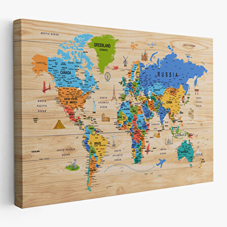 Harita Sepeti Ahşap Görünümlü Dünya Haritası Sembollü Eğitici Dekoratif Kanvas Tablo 2956