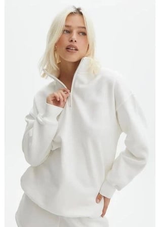 Modi Green Unisex Uzun Kol Yarım Farmuarlı Yakalı Basic SweatShirt - Beyaz
