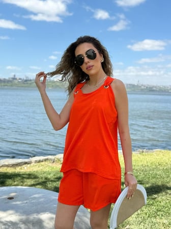 Kadın Kolsuz V Yaka Kuş Gözü Detay Bluz Short Aerobin Ikili Takım - Turuncu / 2XL-3XL