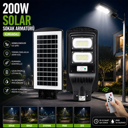 Lunaev 200W - 6500K Solar - Güneş Enerjili Sokak Lambası - Armatür Sensörlü Bahçe - Balkon - Sokak A