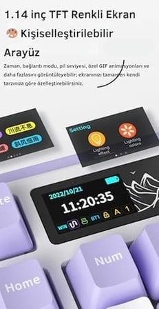 AK980 Kablosuz Hot-Swap TFT Ekranlı Mekanik Oyun Klavyesi 8.000 Mah Batarya Pembe - Gift Switch