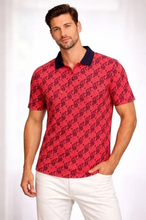Modi Green Erkek Pike Kumaş Polo Yaka Palmiye Desenli Tişört Kısa Kol Yazlık T-Shirt - Kırmızı