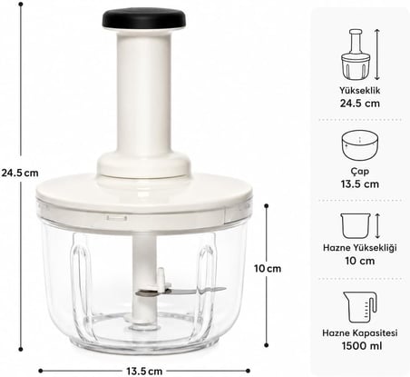 Basmalı Rondo Doğrayıcı, 1500 ml Kapasiteli, Şeffaf Hazne, Paslanmaz Çelik Bıçak, BPA İçermez,