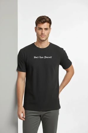Modi Green Erkek Wafıl Kumaş Tişört Regular Kalıp Bisiklet Yaka Baskılı Günlük Basic T-Shirt - Siyah