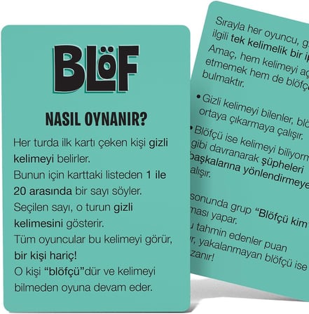 BLÖF Kart Oyunu, Strateji ve Blöf, 12 Yaş ve Üzeri, 3-6 Oyuncu, Turkuaz, Sosyal Dedüksiyon Temalı