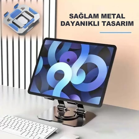 Tablet Standı 360 Derece Dönebilen Tablet Stand Katlanabilir Metal Tablet Tutucu Standı Tablet ve Telefon Tutucu Stant Tablet Tutucu Metal (Metalik Gri)