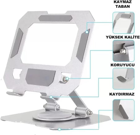 Tablet Standı 360 Derece Dönebilen Tablet Stand Katlanabilir Metal Tablet Tutucu Standı Tablet ve Telefon Tutucu Stant Tablet Tutucu Metal (Metalik Gri)