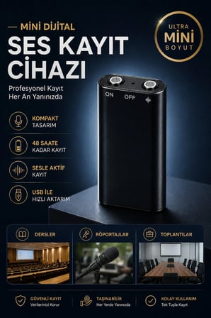 Mini Dijital Ses Kayıt Cihazı | 24 Saate Kadar Kayıt | Ses Algılamalı Taşınabilir Ses Kaydedici | USB Aktarım Destekli