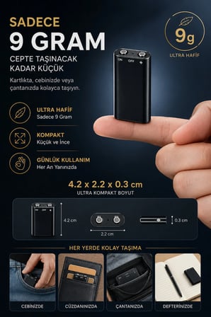 Mini Dijital Ses Kayıt Cihazı | 24 Saate Kadar Kayıt | Ses Algılamalı Taşınabilir Ses Kaydedici | USB Aktarım Destekli