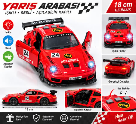 18 cm Işıklı ve Sesli Kırmızı Yarış Arabası – Açılabilir Kapılı Spor Araba