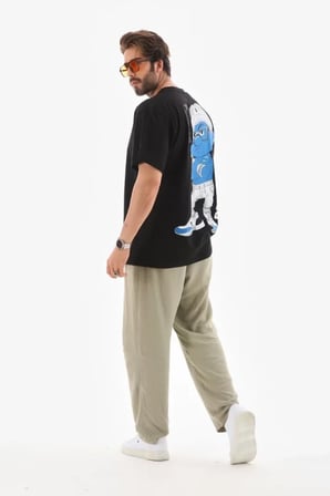Modi Green Unisex Bisiklet Yaka Baskılı Oversize T-Shirt - Siyah