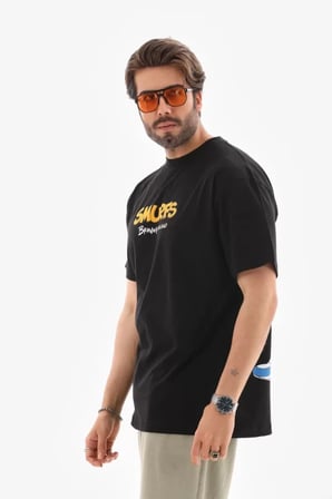 Modi Green Unisex Bisiklet Yaka Baskılı Oversize T-Shirt - Siyah