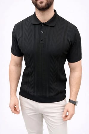 Modi Green Erkek Yazlık Triko Tişört Kısa Kol Polo Yaka Düğmeli T-Shirt - Siyah