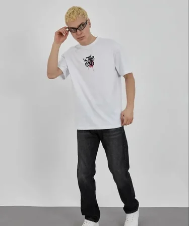 Modi Green Unisex Bisiklet Yaka Baskılı Oversize T-Shirt - Beyaz