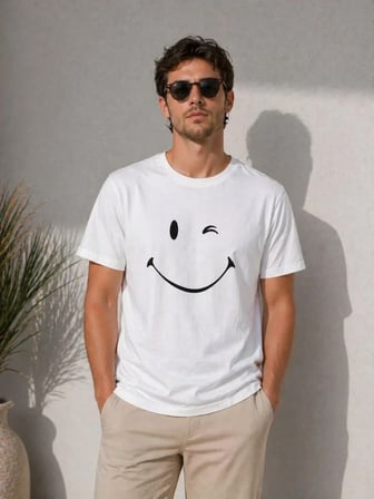 Modi Green Erkek Minimal Gülümseyen Yüz Baskılı Tişört Kısa Kol Yazlık T-Shirt - Beyaz