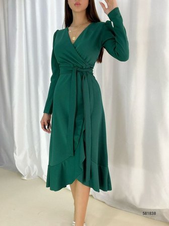Modi Green Kadın Yeşil Krep Kumaş Midi Boy Kuşaklı Uzunkol Elbise
