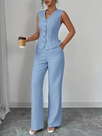 Kadın Askılı önden Düğmeli Bluz Ve Pantolon Keten Ikili Takım - Mavi / S