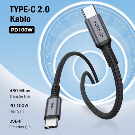 Şarj ve Veri Aktarım Kablosu 20V5A, Type C'den Type C'ye, 100W, Çift Kat Örgülü (Gri, 2 metre)