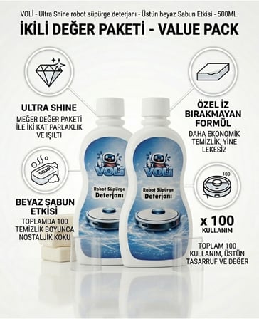 Ultra-Shine Robot Süpürge Deterjanı – Üstün Beyaz Sabun Etkisi (2 Adet x 500 ml • 100 Kullanım)