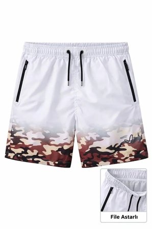 Modi Green Erkek Deniz Şortu Fermuarlı Cepli File Astarlı Hızlı Kuruyan Premium - Beyaz
