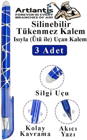 Mavi Silinebilir Tükenmez Kalem 3 Adet BIA Silinebilir Jel Pilot Kalem Mürekkepli Kolay Silinebilir Kumaş Kalemi