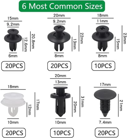 Oto Fastener Klips Seti 100 Adet 6 Boyut Tampon Kapı Döşeme Pervaz Tutucu Plastik Klips Çeşitleri Araç İç Dış Aksam Uyumlu