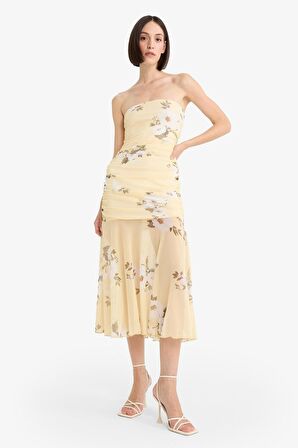 DeFacto Coool Bodycon Vücudu Saran Straplez Çiçek Desenli Tül Maxi Elbise F5577AX25SMYL272