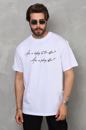 Modi Green Unisex Bisiklet Yaka Baskılı Oversize T-Shirt - Beyaz