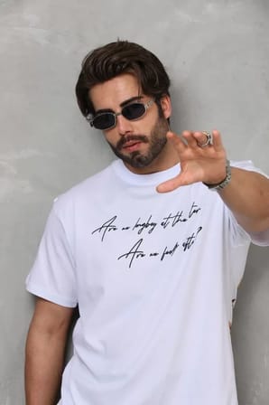 Modi Green Unisex Bisiklet Yaka Baskılı Oversize T-Shirt - Beyaz