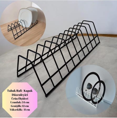 EceAksesuar Tabaklık Rafı- Tencere Kapak Düzenleyici-tabak Kurutmalık -10 Bölmeli Siyah Stand siyah 34 x 25