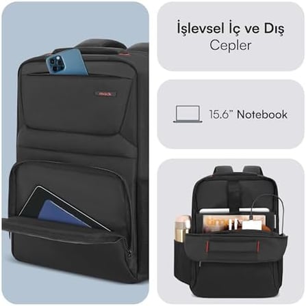 Mack Business X MCC-805 15.6 inç Laptop Sırt Çantası, Mackbook Sırt Çantası, USB Şarj Portlu Bilgisayar ve Notebook Çantası, Kadın Erkek Bilgisayar İş Çantası, Üniversite Okul Çantası, Siyah