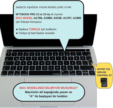 MacBook Pro Touch Bar Türkçe Q Klavye Koruyucu Silikon Keyboard Cover 13-15 İnç Uyumlu A1706 A1989 A2159 A1707 A1990 | UK ISO Ters L Enter Siyah