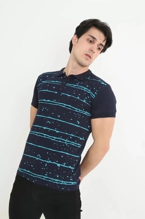 Modi Green Erkek Yakalı Slim Fit Pike Çizgili T-Shirt - Lacivert