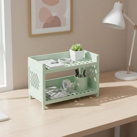 Çok Amaçlı 2 Katlı Organizer Raf – Açık Yeşil Plastik Düzenleyici Stand – Banyo, Mutfak, Masaüstü ve Ofis İçin – 25 x 18 cm